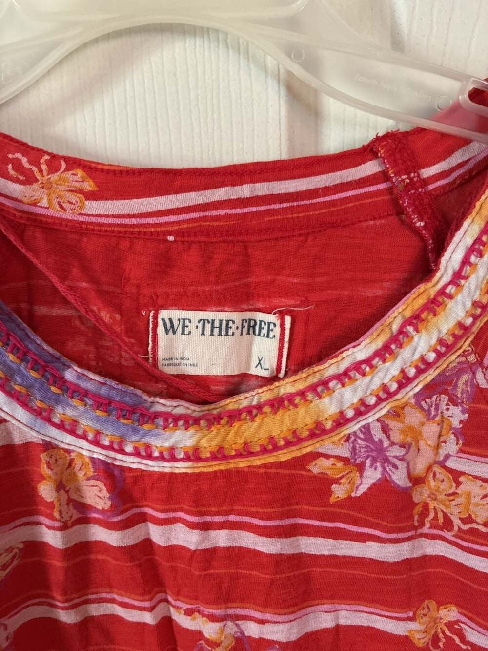 We The Free Red Striped Floral Embroidered Cap Sleeve Tee - Picture 2 of 6